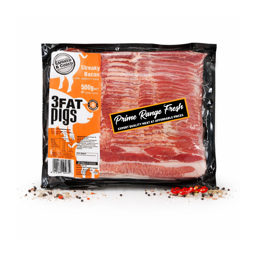 Packaged bacon from 3 Fat Pigs with visible branding on a white background