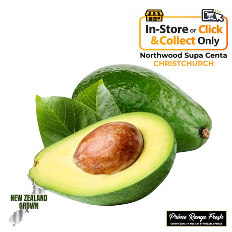 Avocado with a cut half showing the pit, surrounded by leaves on a white background. Advert for Northwood Supa Centa Christchurch with 'In-Store or Click & Collect Only' text.