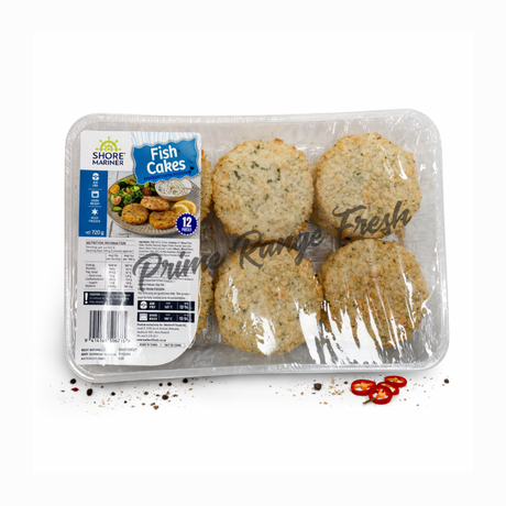Packaged fish cakes with a visible label on a white background