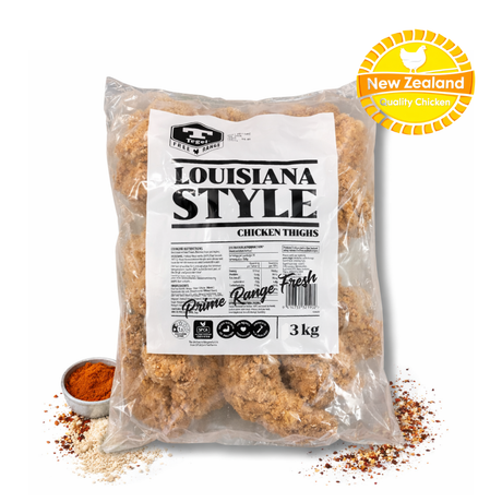 Packaged Louisiana Style chicken thighs with a label on a white background