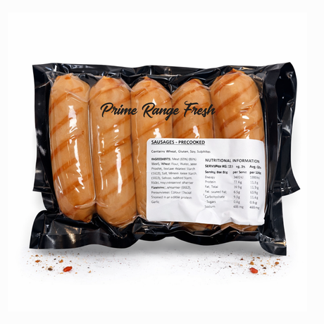 Packaged sausages with 'Prime Range Fresh' branding on a white background