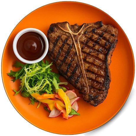 Cooked Prime Range Fresh Thick Cut Beef T-Bone Steak on Plate – Juicy Grilled Meal