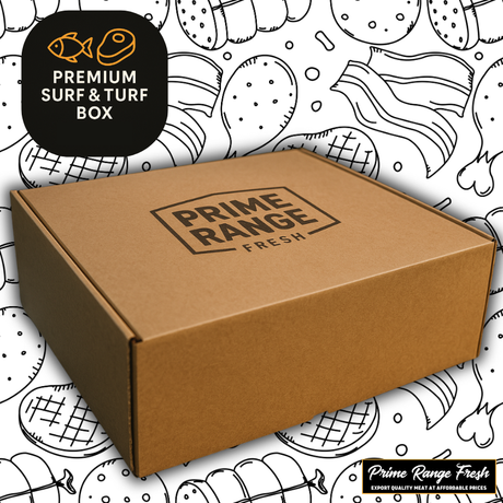Brown cardboard box with 'Prime Range Fresh' branding on a white background with black line art.